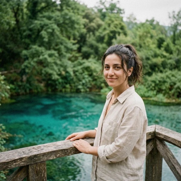 Elira Hoxha, travel writer based in Saranda, on the wooden viewing platform above the Blue Eye Albania spring at Syri i Kaltër, Vlorë County