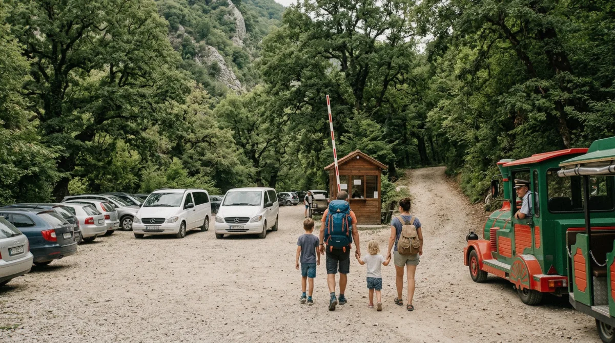 Cars and a tourist train at the entrance car park before the walk to the Blue Eye Albania spring at Syri i Kaltër